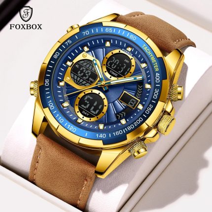 Foxbox Blue Analog Digital Electronic Leather Fashion Luxury Casual Sports Waterproof Men's Watches (FB0080)