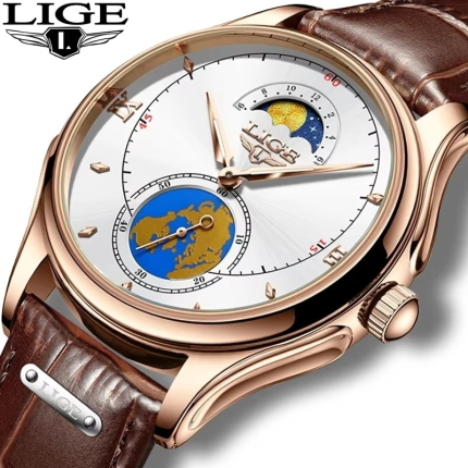 LIGE LG8952 Fashion Black Male Quartz Watch Men Genuine Leather Strap