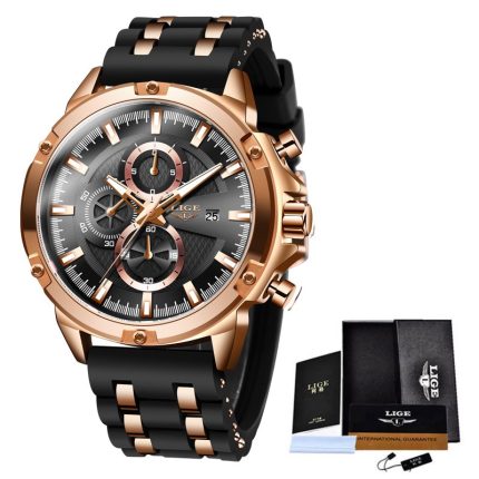 LIGE 10028 Silicone belt Mens Watches Brand Luxury Dial Clock Male Fashion Waterproof Quartz Gold Watch Men Sport Chronograph Montre Homme