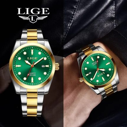 LIGE 89127 GreenTop Brand Luxury Mens Watches Waterproof Ultra Thin Date Clock Male Steel Strap Casual Quartz Watch