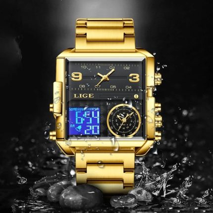 LIGE-8925 Golden Black Men's Luxury Dual Display Watch